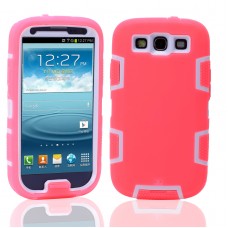Samsung Galaxy S3 - 3 Piece Hard Plastic Silicone Hybrid Drop Shock Proof Protective Phone Cover Case - Pink White